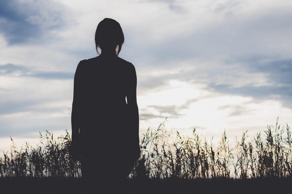 girl, silhouette, nature, grass, backlighting, female silhouette, young woman, landscape, outdoors, people, portrait, sunset